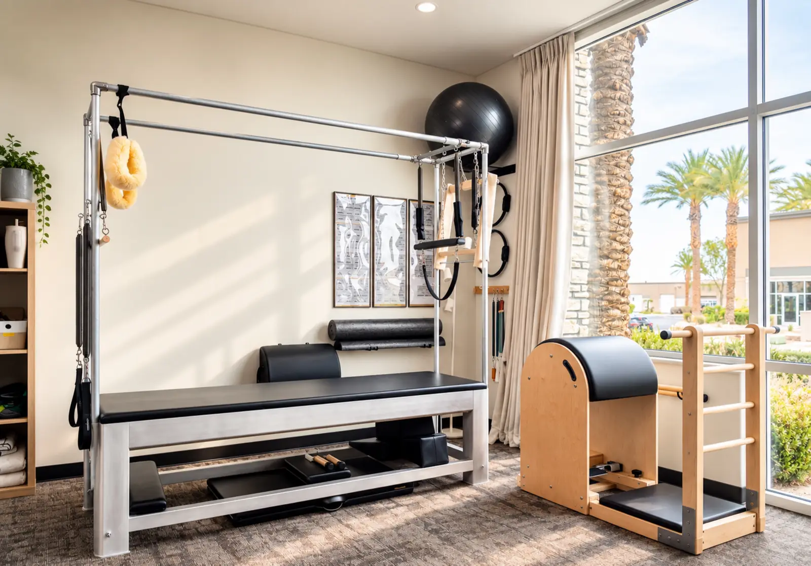 Cadillac trapeze table and Ladder Barrel in the Stance Pilates studio, framed by tall windows looking out on palm trees